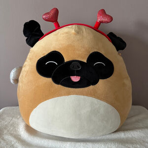 Squishmallows Brown Pug Plush 13” Red Heart Antennae Valentine Wings